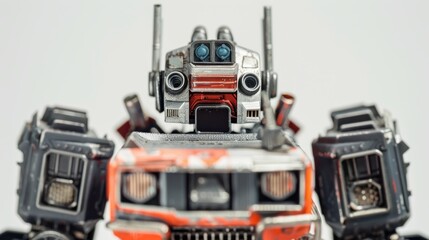 Fototapeta premium Robot with orange and grey details stands guard in a white studio