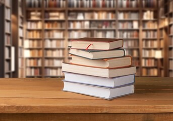Set of reading books on table in library, education