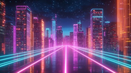 A vibrant neon cityscape at night with glowing buildings and reflective roads.