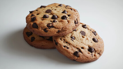 freshly baked chocolate chip cookies on white background