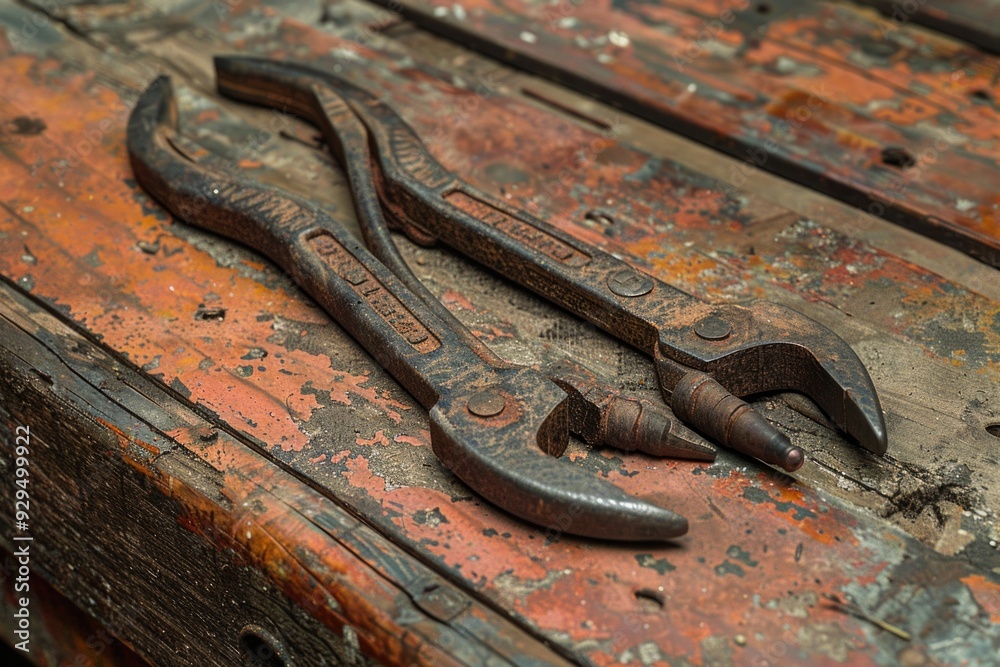 Poster a pair of wrenches placed on a wooden table, perfect for diy projects or workshops