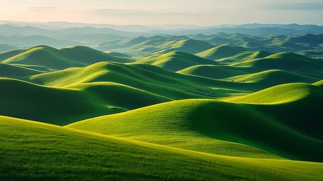Rolling green hills bathed in warm sunlight. Undulating landscape stretches to the horizon, creating a mesmerizing pattern of light and shadow. Serene and pastoral scene evokes tranquility.	