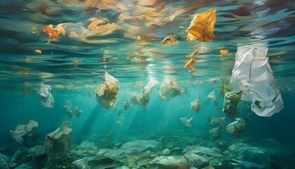 illustration of ocean full of garbage, plastic bags in the future