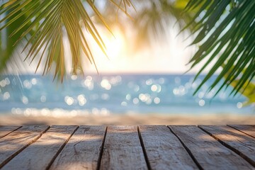 Summer Table And Sea With Blurred Leaves Palm And Defocused Bokeh Light On Ocean - Wooden Plank In Abstract Landscape , ai