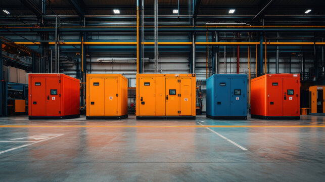 A row of large, colorful industrial generators in a spacious warehouse setting, highlighting orange, yellow, and blue units.