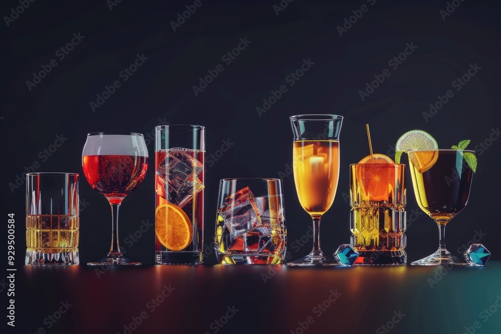 Aufkleber a variety of drinks arranged on a table with glasses and bottles