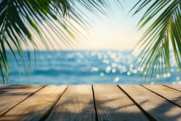 Summer Table And Sea With Blurred Leaves Palm And Defocused Bokeh Light On Ocean - Wooden Plank In Abstract Landscape , ai