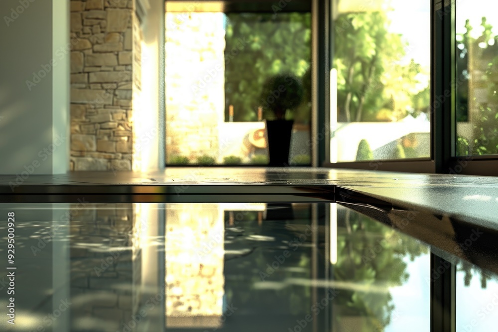Aufkleber A person's reflection is visible in the calm surface of a pool