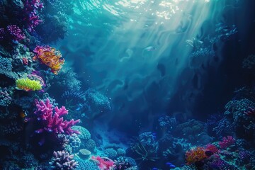 Underwater scene featuring a vibrant coral reef with sunlight shining down, suitable for use in ocean-related designs or projects