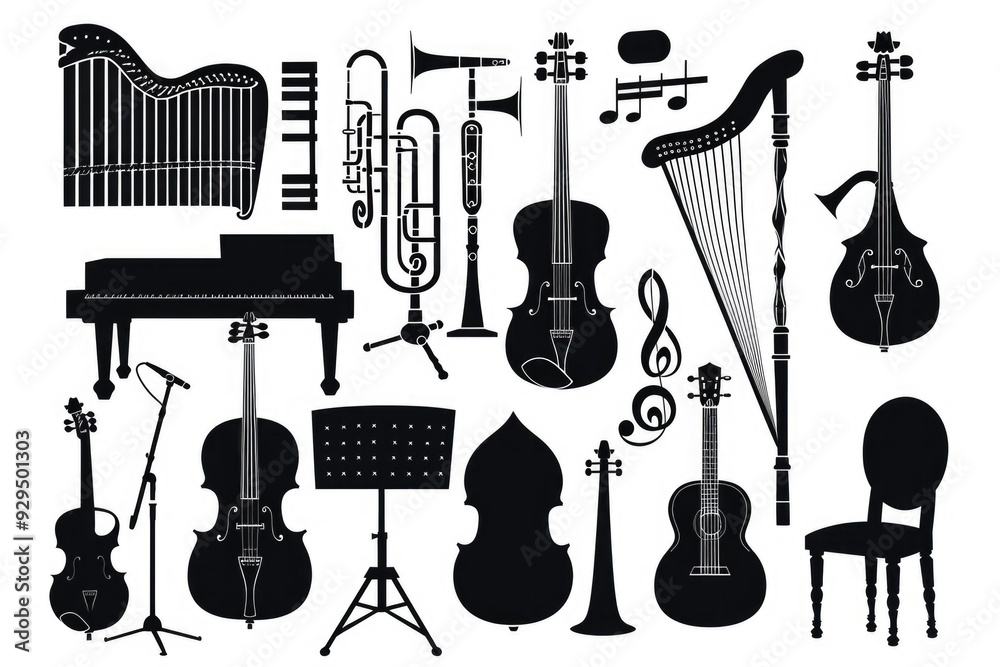 Aufkleber a set of various musical instruments placed together on a surface