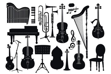 A set of various musical instruments placed together on a surface