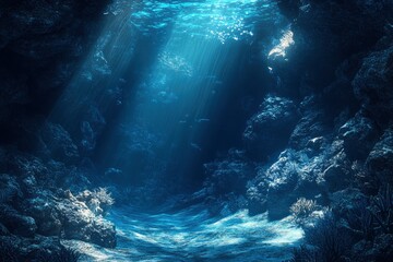 Obraz premium Underwater Sea - Deep Water Abyss With Blue Sun light , ai