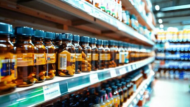 Shelves are filled with brown glass bottles containing various dietary supplements in a well-organized health food store.