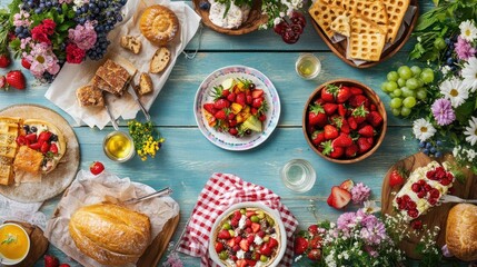 Festive picnic flyer with bright, cheerful designs and images of a picnic spread, ideal for promoting a holiday picnic or special event.