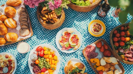 Fototapeta premium Festive picnic poster with bright, cheerful designs and images of a picnic spread, with ample space for copy.