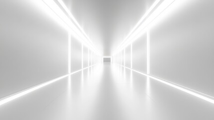 Empty futuristic 3D room with white background, abstract space technology tunnel, and modern neon lighting.