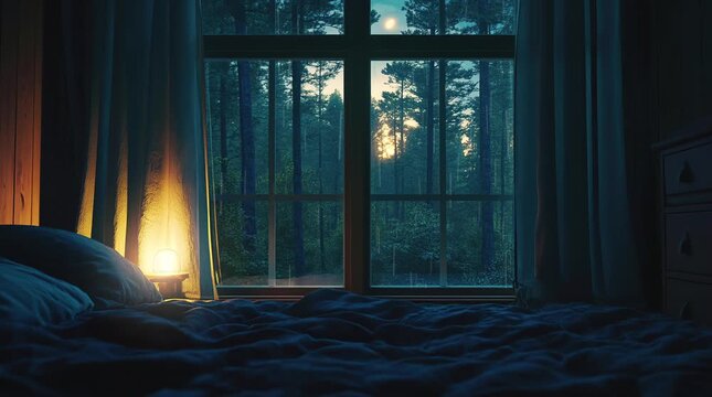 A cozy bedroom in a cabin with a window revealing a tranquil forest at night. The warm interior contrasts with the dark, serene fore Seamless looping 4k time-lapse virtual video animation Generated AI
