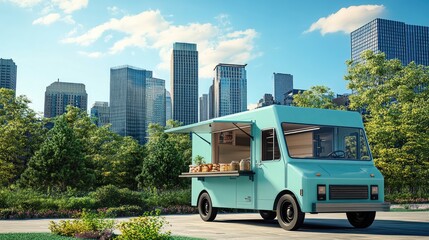 Food truck parked in a park, with clear skies and open space around for poster design.