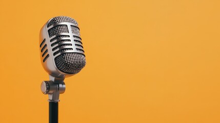 A classic microphone stands gracefully against a vibrant yellow backdrop, ready to capture voices, stories, and musical expressions in style.