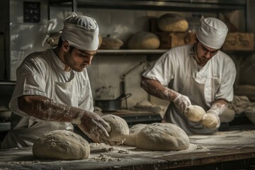 Two people mixing and shaping bread in a modern kitchen