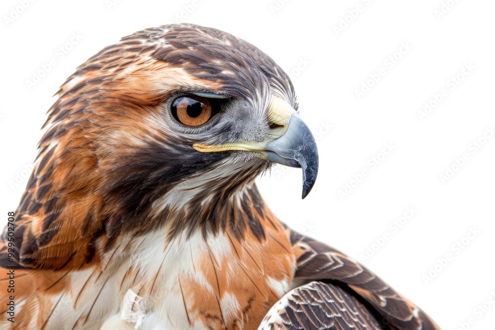 Poster close-up shot of a bird of prey's face, highlighting its sharp features and piercing gaze