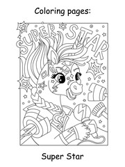 Cute rock music unicorn children coloring vector illustration