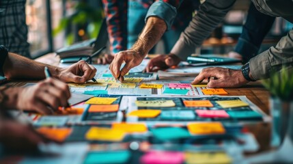 Collaborative Brainstorming Session with Sticky Notes and Pens