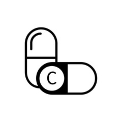 Vitamin C pill icon. Black and white design. Minimalist medical symbol. Capsule outline vector.