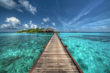 Obraz premium A wooden pier stretching out into the ocean, perfect for fishing or taking in the view