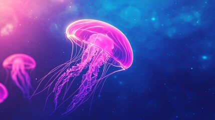 A vibrant jellyfish gracefully floats in a colorful underwater scene.