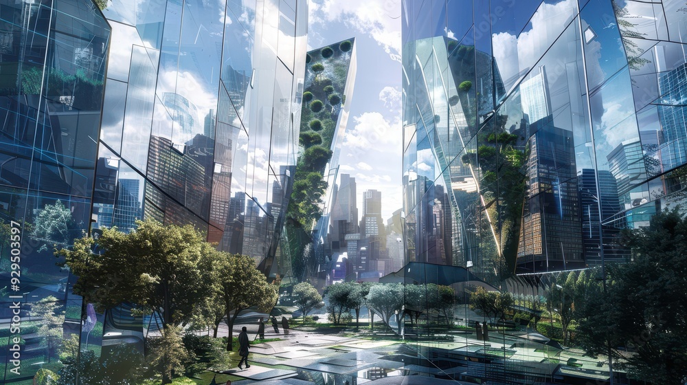 Poster reflected cityscape with trees and people in modern architecture