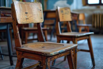 A row of traditional wooden chairs in a typical classroom setting, suitable for education and learning images