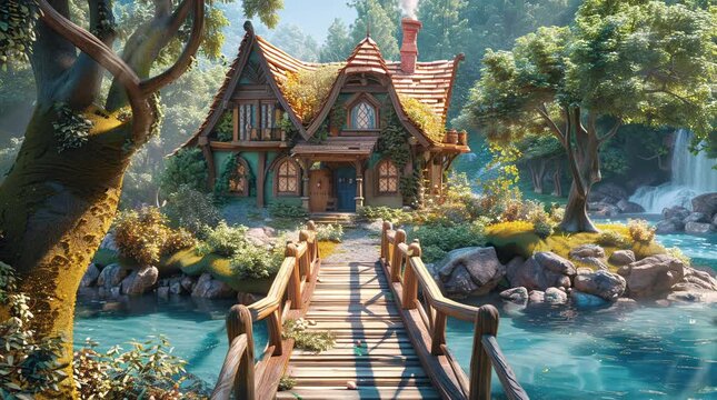 A picturesque bridge leading to a whimsical fantasy house set against a bright, sunny day. The scene is bathed in warm sunlight, hig Seamless looping 4k time-lapse virtual video animation Generated AI