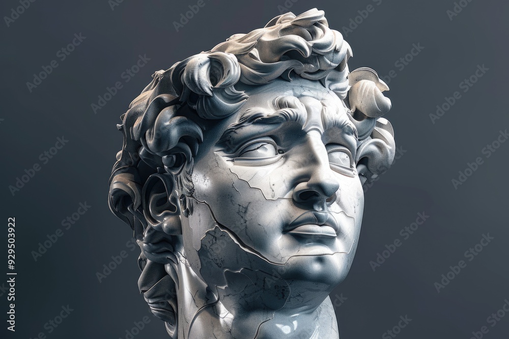 Poster a depiction of a man's head in a statue-like pose, featuring curly hair and a calm expression