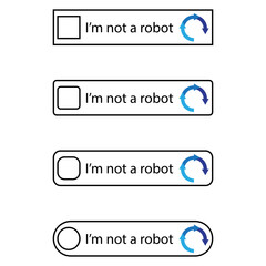 Captcha verification icons. I am not a robot text. Blue arrow symbol. Simple vector interface.
