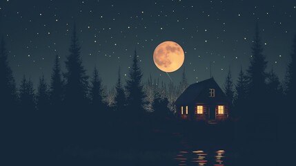 Fototapeta premium A serene night scene featuring a cabin by a lake under a full moon and starry sky.
