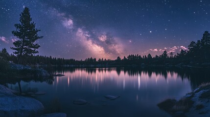 A serene night scene featuring a starry sky reflected in a tranquil lake surrounded by trees.