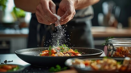 Person sprinkling salt on a plate of food, ready for serving