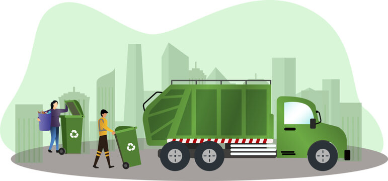 garbage collector workers pick up trash cans in the city, housewives throw garbage in bins vector illustration