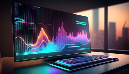 A computer monitor showing graphs for distribution analysis and consumption monitoring in a high-tech digital environment with information security, financial concept, Generative AI