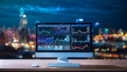 A computer monitor showing graphs for distribution analysis and consumption monitoring in a high-tech digital environment with information security, financial concept, Generative AI