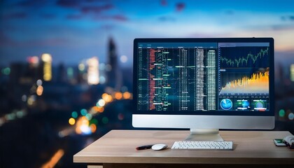 A computer monitor showing graphs for distribution analysis and consumption monitoring in a high-tech digital environment with information security, financial concept, Generative AI