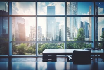 Fototapeta premium A Modern Office with a View of Cityscape Through Large Windows