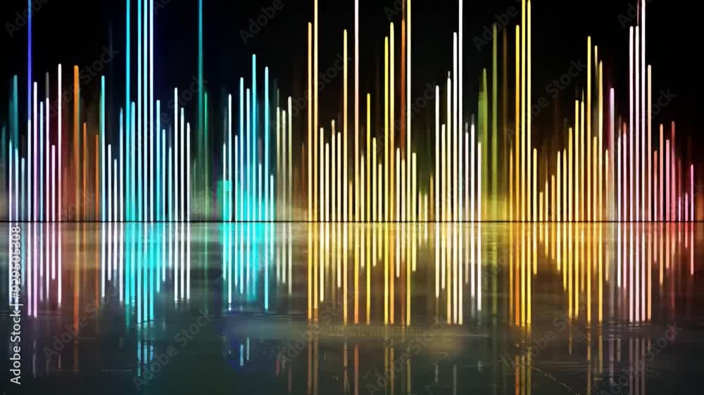 Poster Vibrant sound waves in various colors rise and fall, creating a striking visual against a dark background that enhances their reflective quality.