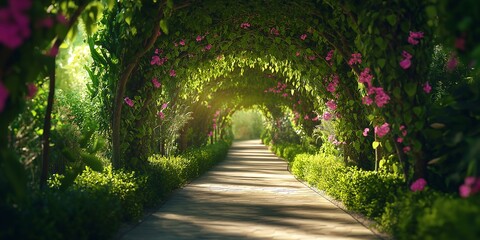 Obraz premium Beautiful Garden with Lush Greenery, Floral Arch, and Winding Path in a Serene, Magical Landscape