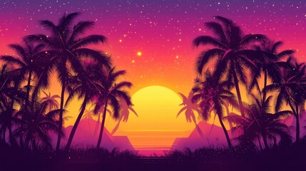 Naklejka premium A vibrant sunset over a tropical landscape with palm trees and mountains.