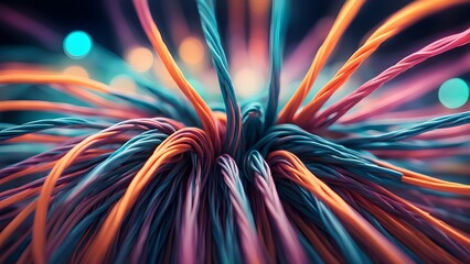 A colorful, tangled mass of wires with a purple and orange wire in the middle