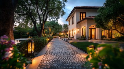 Obraz premium A serene pathway leading to a beautifully lit modern house in a landscaped garden.