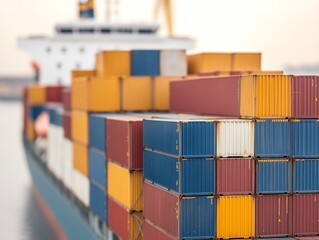 Fototapeta premium A cargo ship loaded with colorful shipping containers at a port.