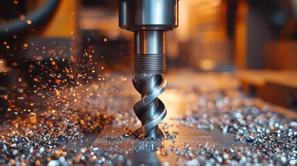 Close-up of a large industrial drill bit, with metal shavings scattered around at an industrial site.